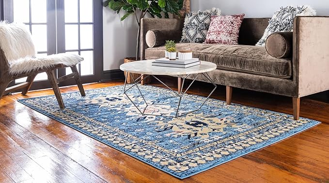 Unique Loom Taftan Collection Border Geometric Tribal Inspired Design Area Rug, 7 ft x 10 ft, Light Blue/Gold