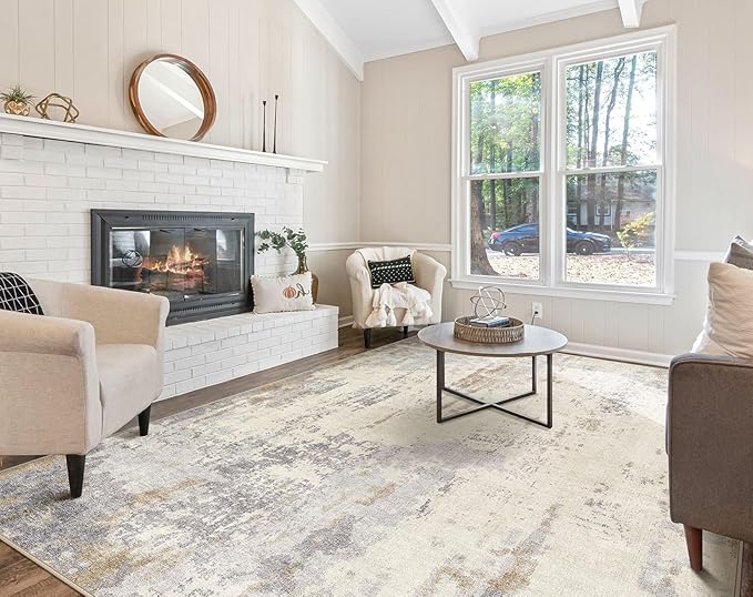 Area Rug Living Room Rugs - Washable Neutral Modern Abstract Soft Thin Large Rug Indoor Floor No Slip Rug Carpet for Bedroom Under Dining Table Home Office Decor-Light Brown/Gray-7'x 9'