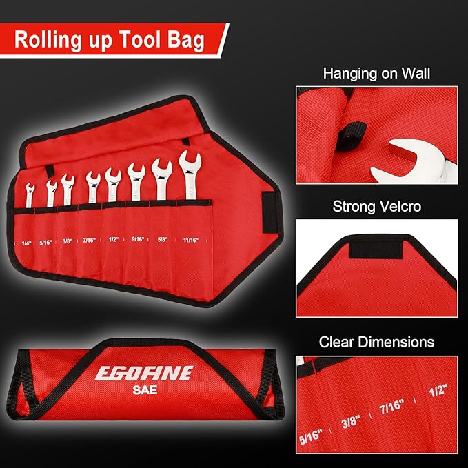 Egofine 8-Piece Ratcheting Wrench Set, Cr-V Steel SAE Wrench Set from 1/4" to 11/16", 72 Teeth Ratchet Wrench, 12 Point Open End & Box End Combination wrench set with Roll Up Pouch