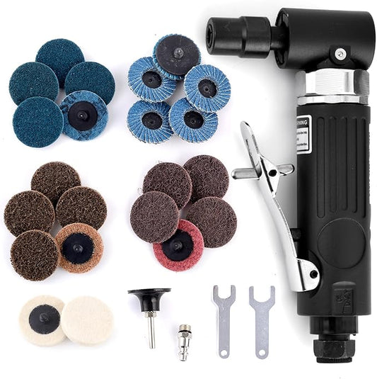 22PCS Right Angle Air Die Grinder Set 1/4" 20,000 RPM, 90° Pneumatic Grinder Tool Kit for Metal Polishing - Professional for Woodworking & Automotive Repair, Compact & Lightweight