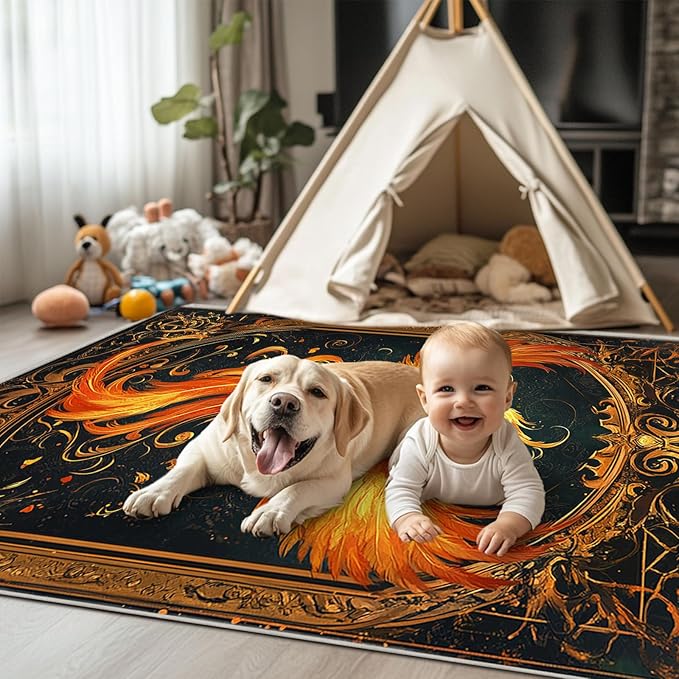 5x7 Phoenix Area Rugs Boho Phoenix Rug for Living Room Indoor Soft Non-Slip Thin Large Carpet Vintage Rugs for Bedroom Home Decor Under Table Washable Machine