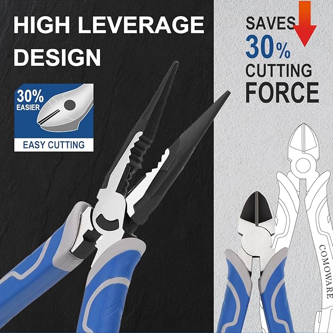 COMOWARE 7Pcs Pliers Set, Mechanic Plier with Rolling Pouch, 10", 8" Groove Joint Pliers, 8" Adjustable Wrench, 8" Linesman, 6" Long Needle Nose, 6" Slip Joint, 6" Diagonal, Roll-Up Pouch Organizer