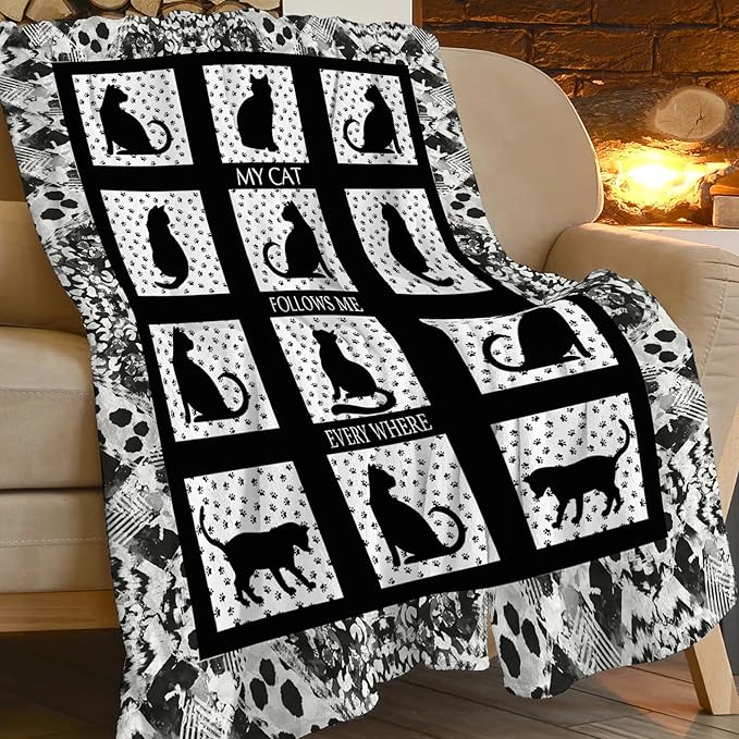 Black Cat Blanket Cat Paw Decor Throw Blanket Super Warm Soft Plush Lightweight Fleece Flannel Black and White Blanket Gifts for Girls Baby Kids Women Boys for Winter Couch Bedding 50"X60"