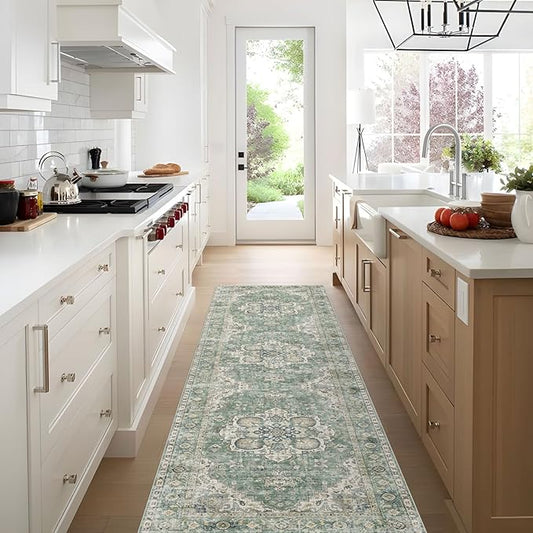 Kitchen Runner Rugs Non Skid Washable - 2.5x8ft Long Sage Green Farmhouse Boho Hallway Runner Rug Low Pile Soft Vintage Farmhouse Oriental Carpet for Hallway Laundry Room Entryway Bedroom