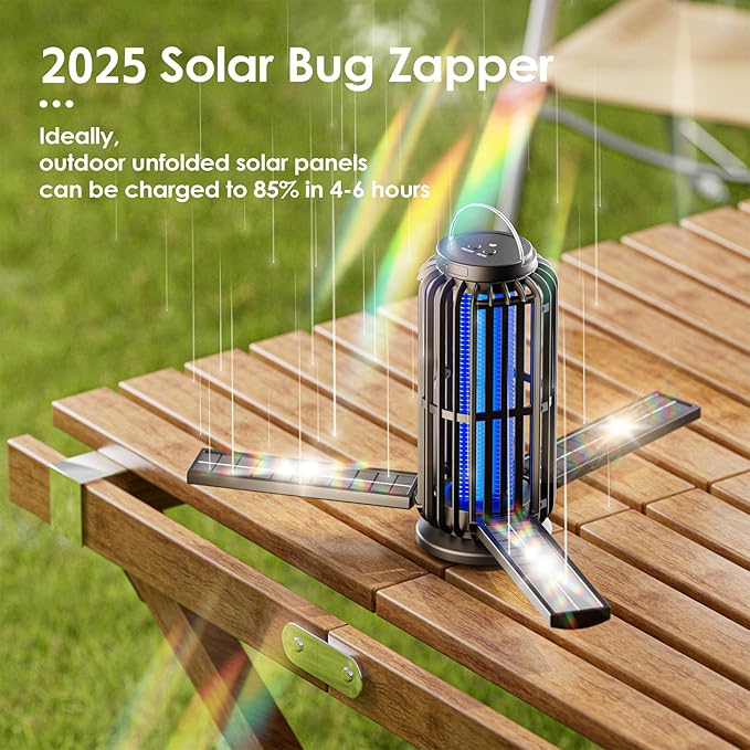 TYPEC Bug Zapper, Solar Bug Zapper with 3 Solar Charging Panels, IP65 Waterproof Mosquito Zapper, 4200V Mosquito Zapper with LED Light, Outdoor Indoor AUTO ON/Off