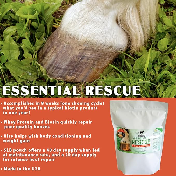 Pennwoods Essential Rescue, Hoof Supplements for Horses, Biotin & Whey Protein Formula, Weight Gain Horses, Horse Strength Supplement, 5 lbs Bag