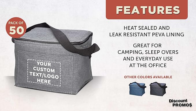 Custom Insulated Cooler Lunch Bag Set of 50, Personalized Bulk Pack - Perfect for Work, Travel, Outdoor Events - Grey