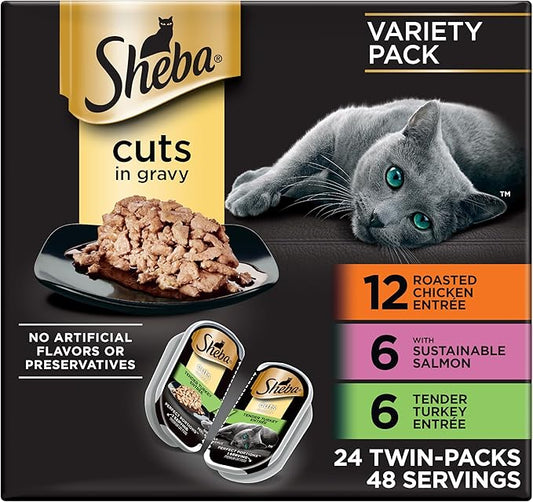 Sheba Perfect Portions Wet Cat Food Cuts in Gravy, Roasted Chicken Entree, with Sustainable Salmon, Tender Turkey Entree, 2.6 oz. Twin-Pack Trays (24 Count, 48 Servings)