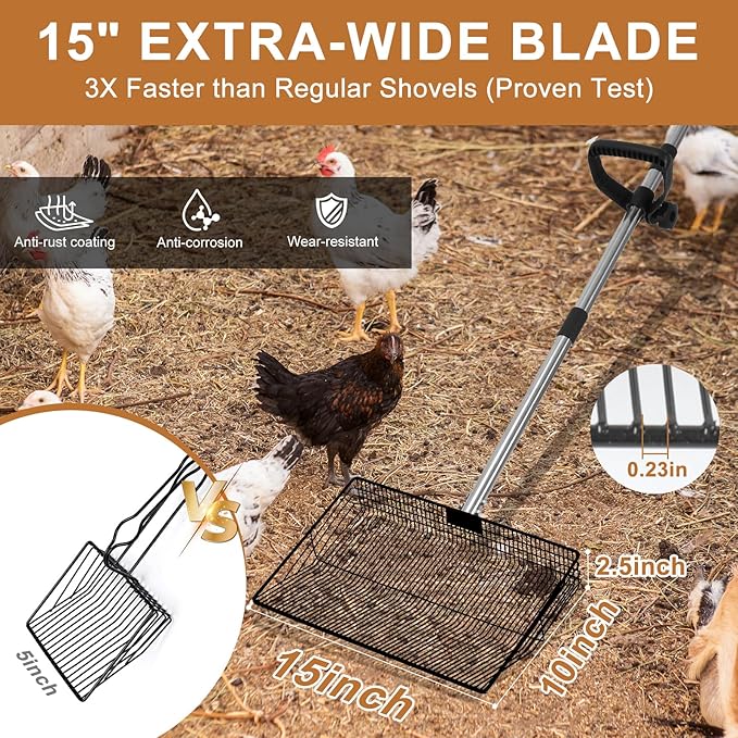YUMEKA 15inch Chicken Poop Scooper,3-in-1 Detachable Tool (38 to 64 inches), Stainless Steel coop Scoop for Sand, Poop Shovel for Poultry Coop Accessories,Pet Manure Cleaning Tools.