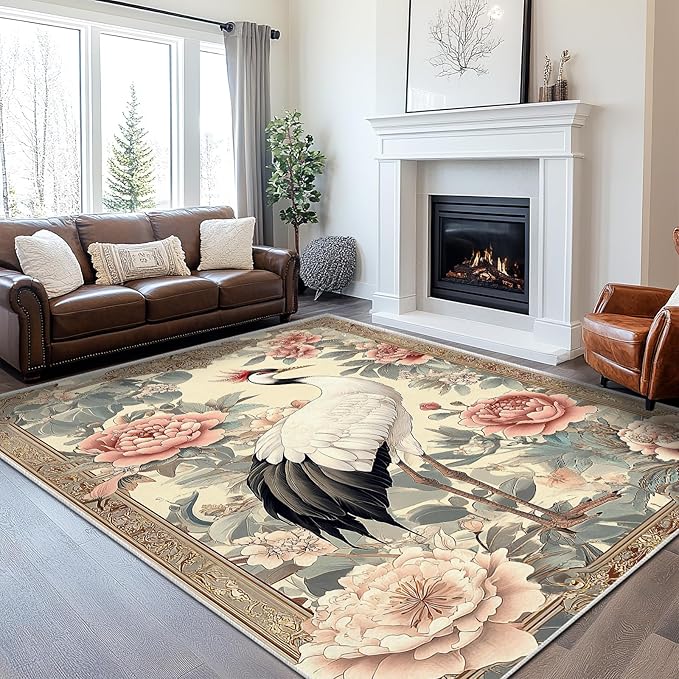 8x10 Crane Area Rugs Boho Japanese Crane Floral Rug for Living Room Indoor Soft Non-Slip Thin Large Carpet Beige Rugs for Bedroom Home Decor Under Table Washable Machine
