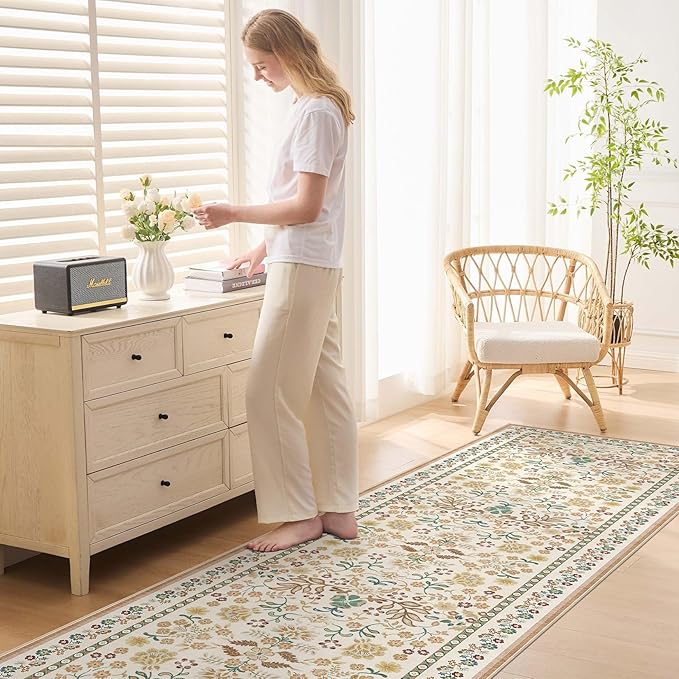 3x8 Runner Rug for Hallways Kitchen: 3x8 Washable Area Rug Boho Floral Soft Long Rug - Non-Slip Low Pile Throw Indoor Carpet for Entryway Kitchen Bedroom Laundry Bathroom - Brown