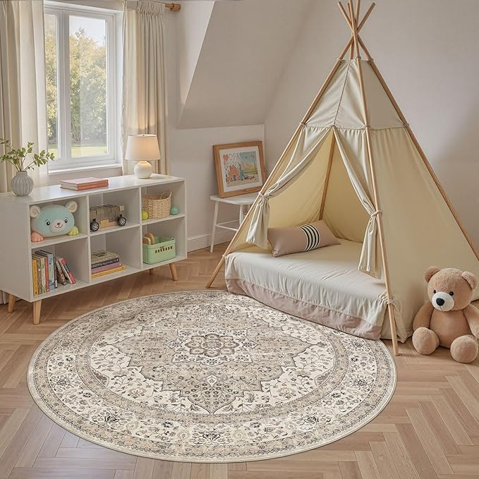 Washable 5 Ft Round Area Rug - 5x5 Area Rugs for Living Room Bedroom Dining Room Home Office Floor Decor- Vintage Floral Stain & Fade Resistant Non-Slip Backing Carpet(Brown/Beige)