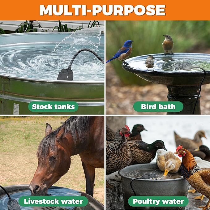 Chicken Waterer Heater, 250W Submersible Poultry Waterer Heater Bird Bath Heater, Thermostatic Control Chicken Waterer Deicer Ice Melter for Bird Duck Goose Cow to Drink Warm Water