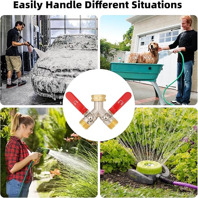 Hose Splitter 2 Way, High Flow Garden Hose Splitter, 3/4” Ght Inlet Brass Heavy Duty Hose Converter, Full Flow water 2 Way Faucet hose splitter, Long Handle Hose Valve Large Outlet.