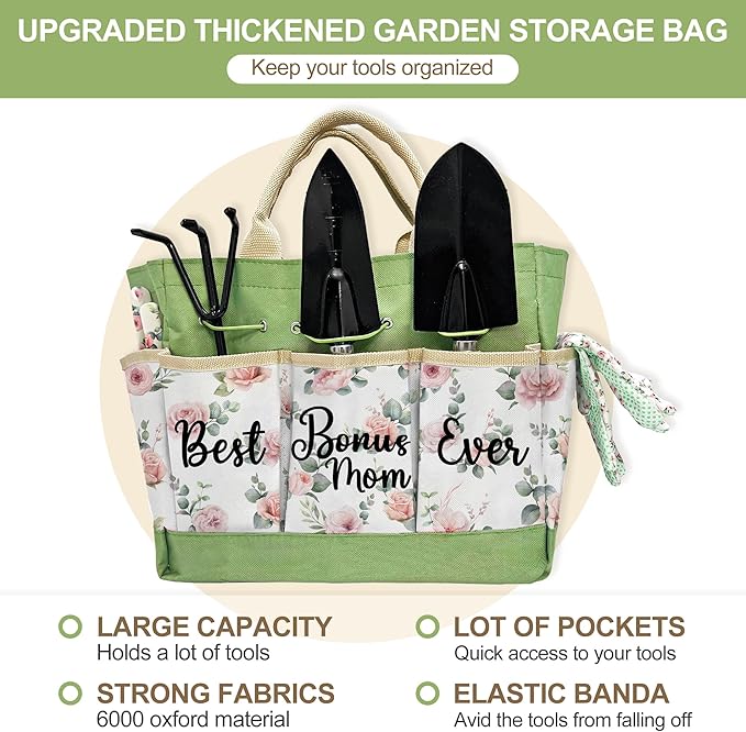 Bonus Mom Gifts, Garden Kit Christmas Bonus Mom Gifts from Bonus Daughter Floral Gardening Tools and Durable Garden Tools Organizer Tote, Gardening Set for Women on Birthday Plant Lover Present
