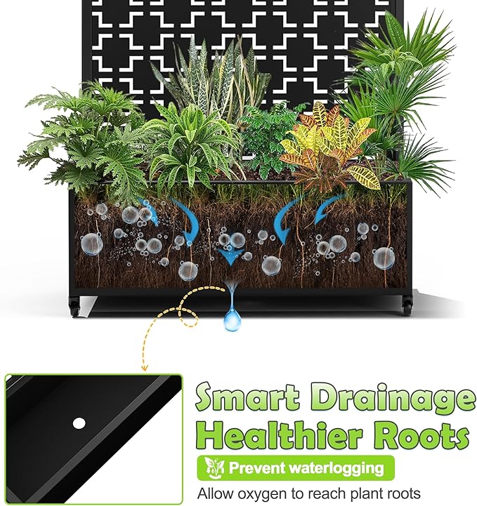 15.7"×70.9"×35.4" Metal Raised Garden Bed with Trellis and Wheels - Tall Trellis Planter Box for Climbing Plants, Vegetables & Vines - Outdoor Privacy Planters for Patio (Black-Square)