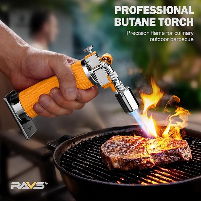 RAVS Butane Torch Lighter, Creme Brulee Torch with Adjustable Flame, Kitchen Torch for Baking, BBQ, DIY, Christmas Gifts Stocking Stuffers Gifts for Women, Orange, Butane Gas Not Included