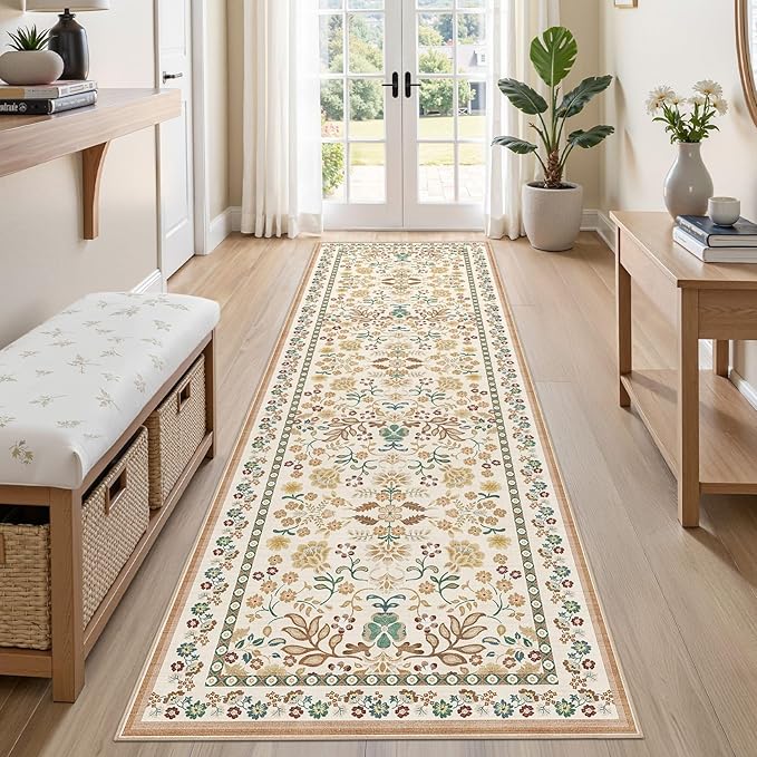 3x8 Runner Rug for Hallways Kitchen: 3x8 Washable Area Rug Boho Floral Soft Long Rug - Non-Slip Low Pile Throw Indoor Carpet for Entryway Kitchen Bedroom Laundry Bathroom - Brown