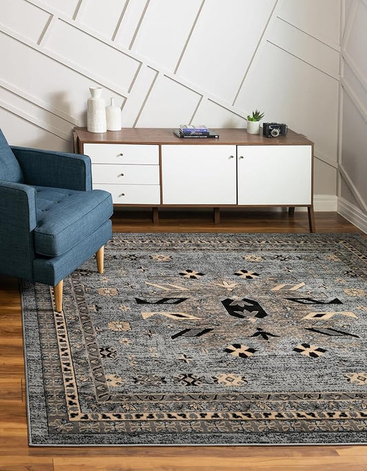 Unique Loom Taftan Collection Border Geometric Tribal Inspired Design Area Rug (8' 0 x 8' 0 Square, Gray/ Black)