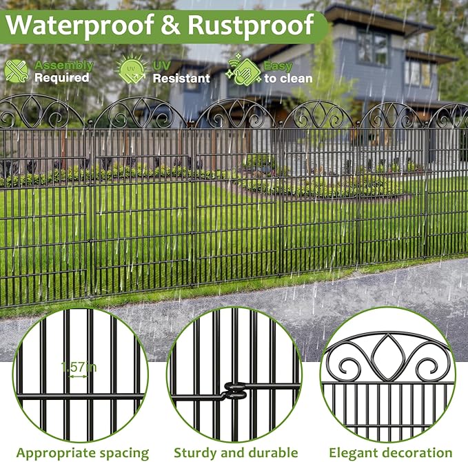 10 Panels No Dig Decorative Garden Fence with Gate – 28" H X 19.6' L Rustproof Metal Dog Fence Outdoor for Yard, Animal Barrier Fence for Pet, Garden Border, Patio, Flower | Temporary Fencing