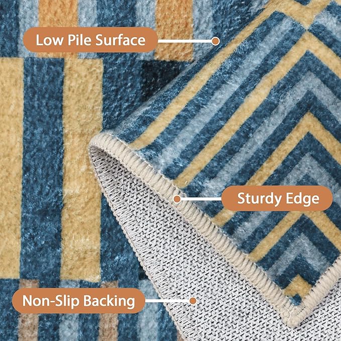 GENIMO Machine Washable 5x7 Area Rugs for Living Room, Non Slip Vintage Rugs, Low Pile Lightweight Chenille Print Rug for Bedroom, Dining Room, Home Office, Navy Blue