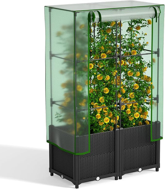 Onelike 32'' x 16'' x 55.5'' Plastic Raised Garden Bed with Greenhouse Cover and Trellis, Vertical Tomato Planters for Climbing Plants, Self Watering System Tomatoes Cage for Patio, Medium