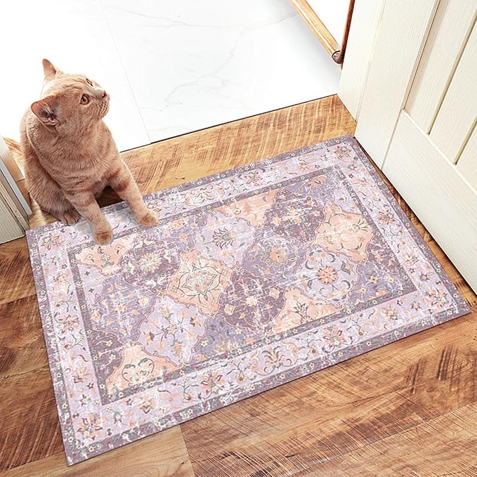 Washable Boho Vintage Area Rugs 2×3 Non-Slip Traditional Mauve Purple Area Rug Doormat for Bathroom Kitchen Entryway