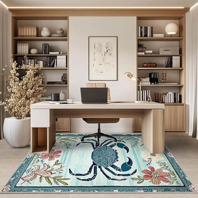 5x7 Crab Area Rugs Boho Teal Rug for Living Room Indoor Soft Non-Slip Thin Large Carpet Floral Flower Rugs for Bedroom Home Decor Under Table Washable Machine