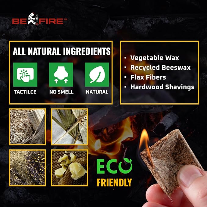 BeFire Fire Starter • 55 pcs Natural Fire Starters up to 12 Min Burn Time Firestarters for Indoor Fireplace, Campfires & Camping, Wood Stove, Grill