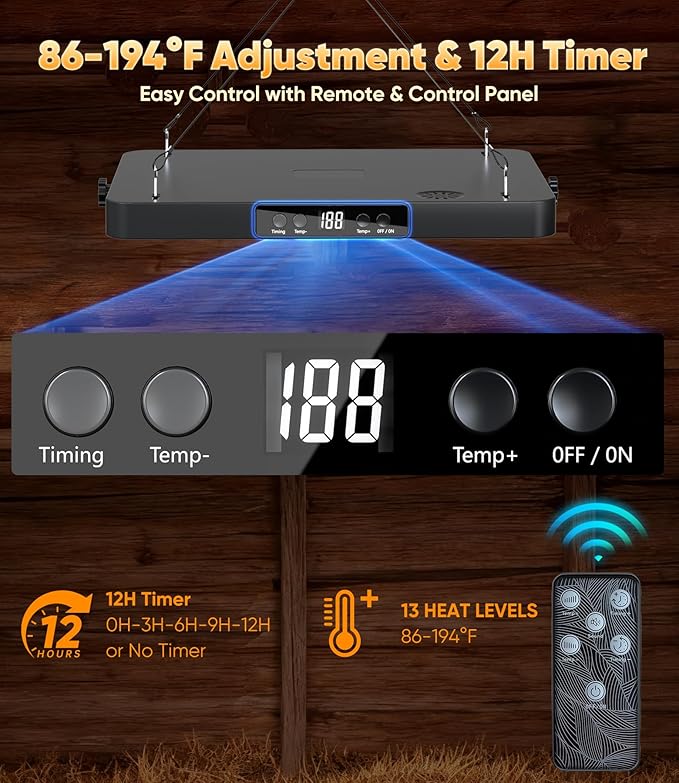 Smart Chicken Coop Heater with Thermostat, 200W Radiant Heat Panel with Adjustable Temp (86~194℉) & 12H Timer, Coop Heater for Winter, Remote Control, Animal-Proof Power Cord, ETL/UL Certified Safe