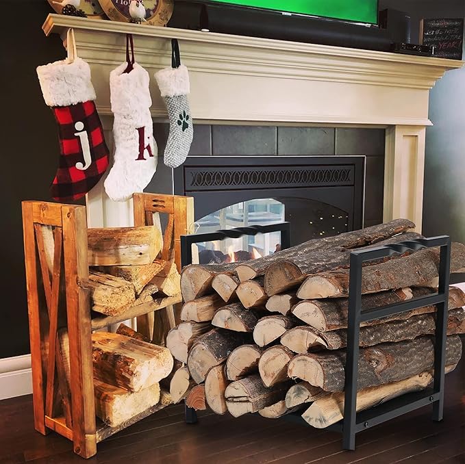 GREEN PARTY 17 Inch Small Firewood Rack Indoor/Outdoor Metal Firewood Holder, Decorative Fire Log Holder for Fireplace,Fire Pit,Heavy Duty Wood Rack,Wood Stove Accessories, 17.5"H * 15.7"W * 12.5"L