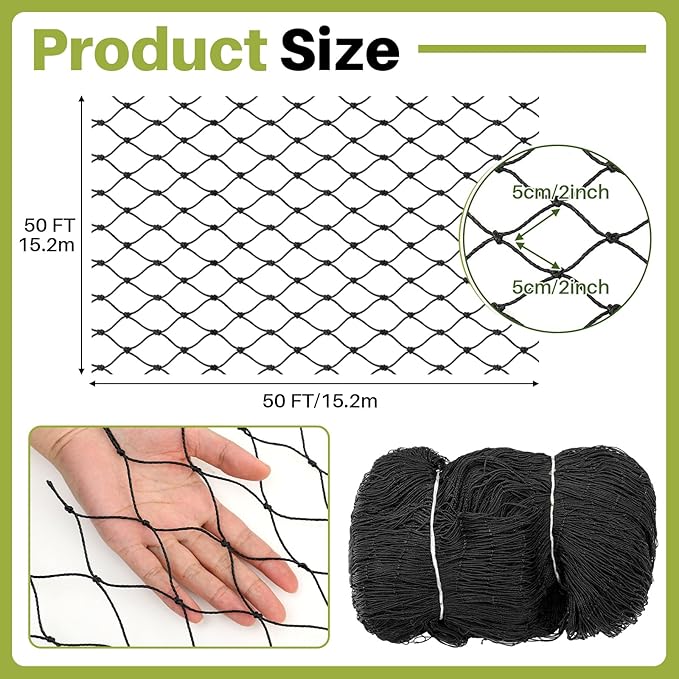50 x 50 ft Aviary Bird Netting Commercial Grade Heavy Duty Knotted 2 inch Mesh for Chicken Netting Poultry Net Aviary Gamefowl Garden Blueberries Fruit Trees