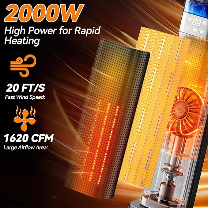 Tower Space Heater, Portable Electric Space Heaters for Indoor Use with Thermostat,Spray Humidification,3D Simulated Charcoal Flame,Remote,2000W PTC Ceramic Fast Safe Heating for Bedroom Home Office
