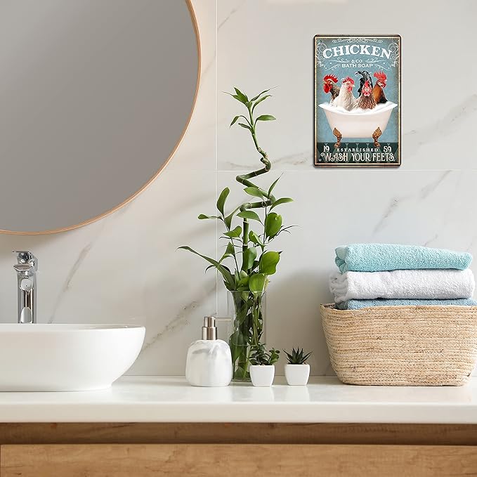 Fun Chicken Bathroom Sign - Bathtub & Wall Decor - Retro 8x12 Inch
