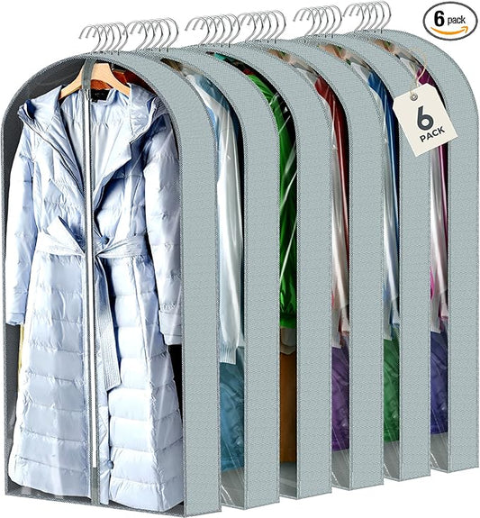 6 Pcs 60" Garment Bags for Hanging Clothes, Clear Suit Bags for Closet Storage Clothing Storage, Garment Bags Shoulder Covers with 4" Gussets for Coats, Jackets, Shirts and Sweater