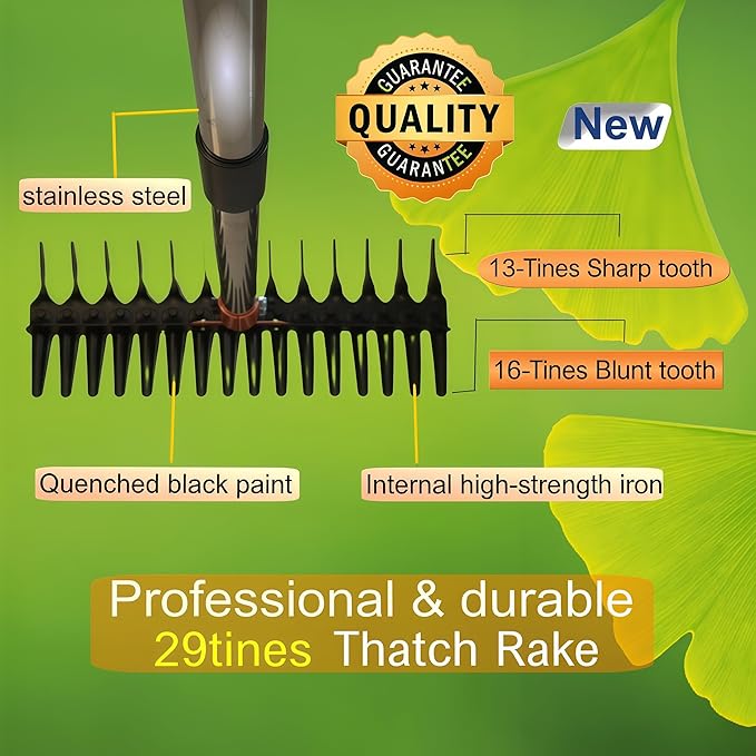 15" Heavy Duty Thatch Rake - Metal Dethatcher with Strong Handle for Lawn Yard Leaf Weed & Soil Loosening (Yellow-tine29)