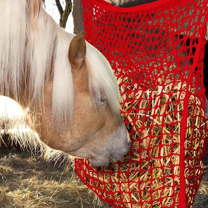 Fabbay 2 Pcs Slow Feed Hay Net Hay Feeder Bags for Horses Goat Stall Trailer Horse Feeding Supplies(35 x 31 Inch,Red)
