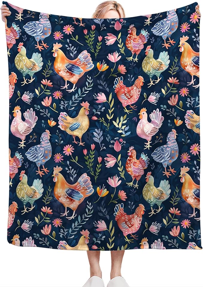 Chicken Blanket Gifts for Girls Boys Lovers Soft Warm Plush Chicken Floral Throw Blanket Flannel Fleece Fuzzy Hen Stuff Blanket for Bed Couch Living Room Decor 80"X60"