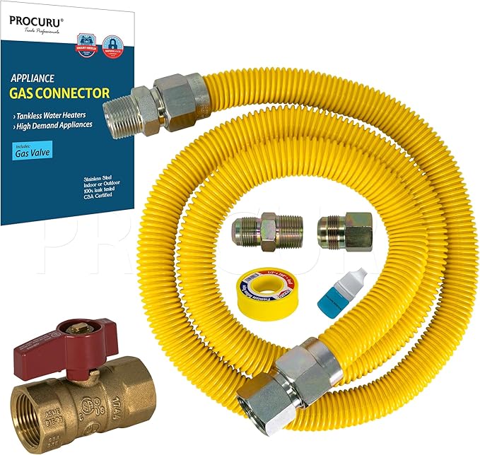 PROCURU 1" OD x 60" (5Ft) x 3/4"MIP x 3/4"FIP Universal Flexible Gas Connector Kit with Gas Valve, Weatherproof MaxFlow Stainless Steel Tubing for Tankless Water Heater (Blue-B1 Series)