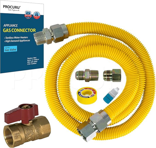 PROCURU 1" OD x 72" (6Ft) x 3/4"MIP x 3/4"FIP Flexible Gas Connector Kit with Gas Valve, WP Max-Flow High Capacity Stainless Steel Tubing for Tankless Water Heater (Blue-B1 Series)