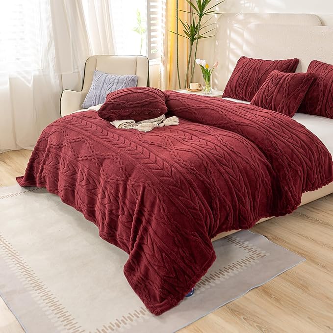 YUSOKI Sherpa Twin XL Blanket(Without Pillows)-3D Stylish Design Super Soft Blankets for Teen Girls Women Couch Bed Sofa Chair Men Boys Gift(Burgundy Red,65"x90")