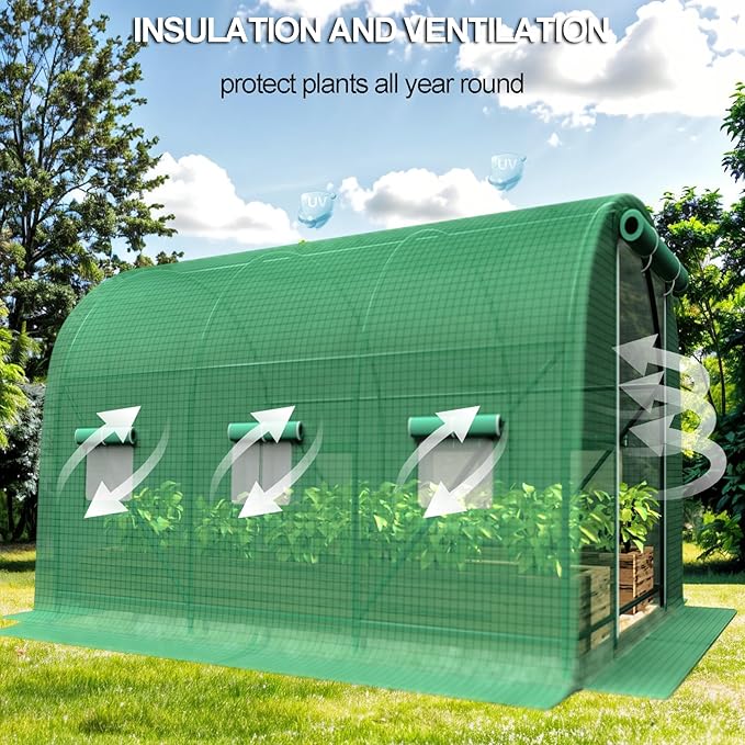 Greenhouse with Watering System, 10x10x7 Outdoor Greenhouses with 6 Mesh Windows and 1 Door, Easy Water and Irrigate Plants Green House (Green, 10x10x7 ft w/ Irrigation System)
