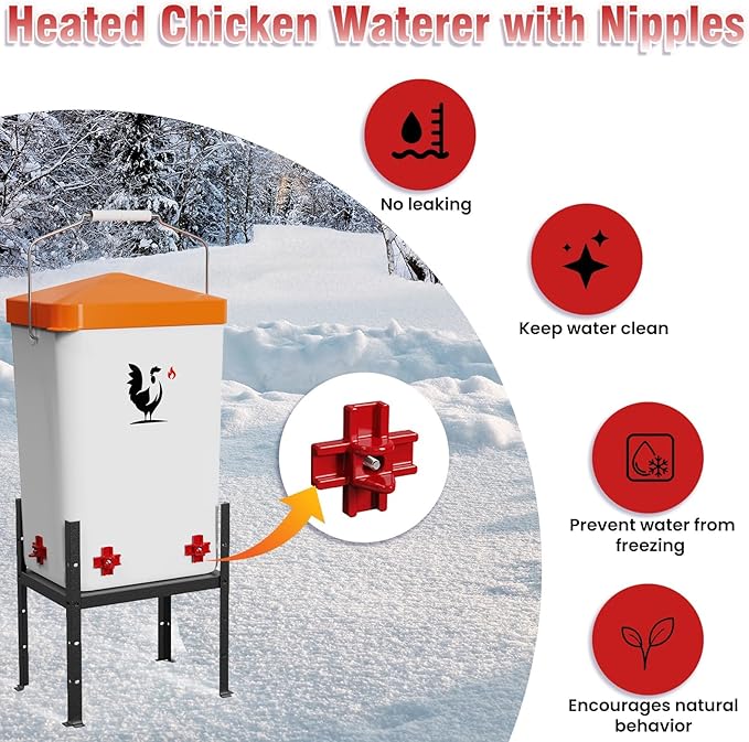 Heated Chicken Waterer, 3.2 Gallon Chickens Poultry Waterer with Nipples, Height Adjustable & Detachable Stand, All-Season Chicken Coop Waterers, Chicken Water Heater (12L, Orange Cover)