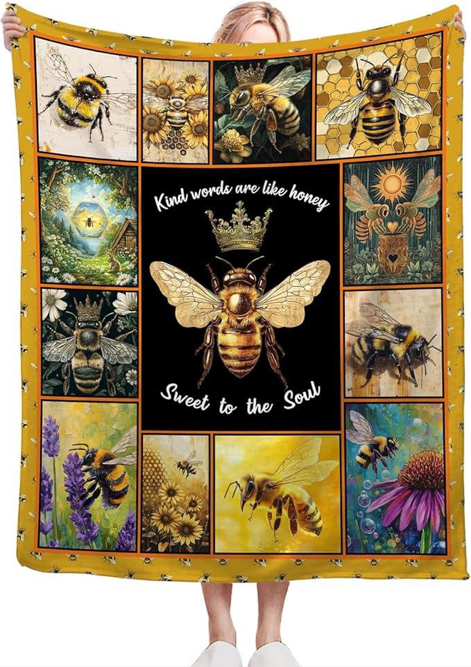 Bee Blanket Ultra Soft Cozy Bee Queen Throw Blanket Fleece Fuzzy Plush Bee Honey Blanket Decor Gifts for Women Girls Adults Couch Sofa 60"x50"