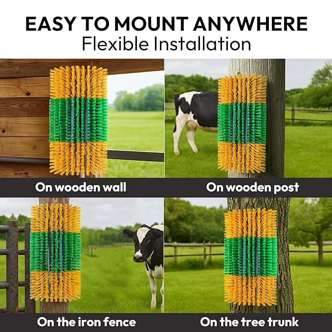 Livestock Scratching Brush — Cattle Horse Goat Pig Sheep Grooming Post with 4 Screws, Weather-Resistant Single Brush for Barn Fence Mount