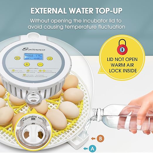 Sailnovo 18 Egg Incubator for Hatching Eggs, Chicken Egg Incubator with Automatic Egg Turning, Humidity Level Display, Egg Candler, Hatch Days & Incubator for Chicken Eggs (Yellow)