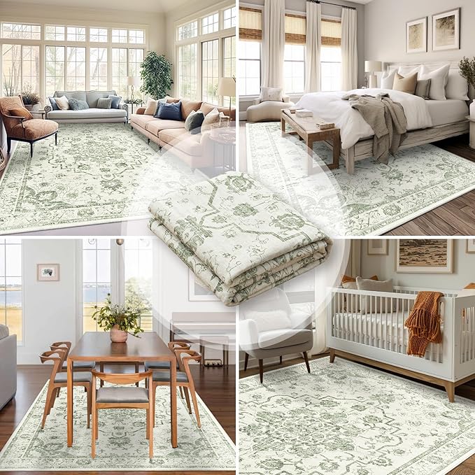 Madane 8x10 Area Rugs for Living Room, Machine Washable Vintage Beige Rug with Non-Slip Backing, Soft Throw Large Rug, Thin Carpet for Bedroom Dining Room Farmhouse Under Table, Green/Ivory