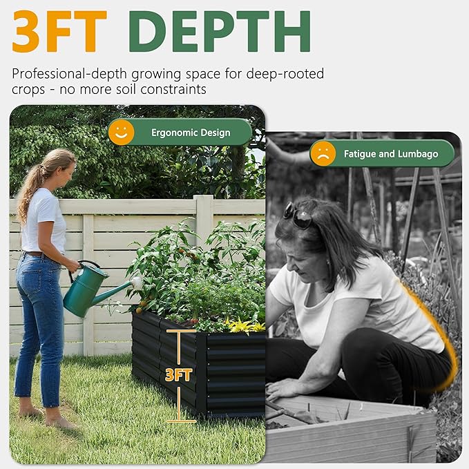 FOOWIN 2pcs 6x3x3ft Galvanized Raised Garden Bed, Planter Raised Garden Boxes Outdoor, Large Metal Raised Beds for Gardening, Garden Bed for Vegetables, Flowers, Herb, Black