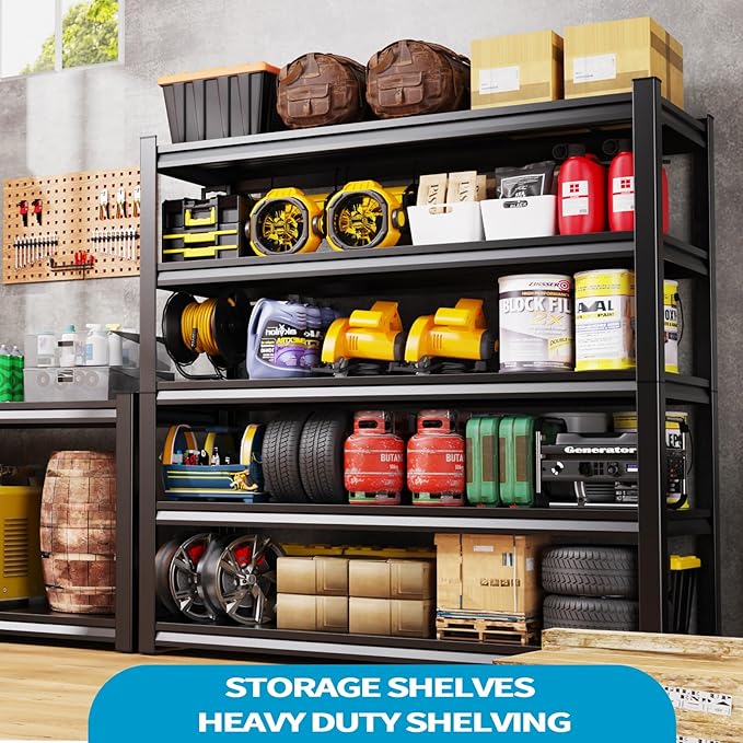 59''W/72''H Garage Shelving Heavy Duty 5-Tier Adjustable Storage Shelves Unit,3000 LBS Metal Utility Rack Shelf for Industries, Warehouses, Basement,Black (72''H x 59''W x 20''D)