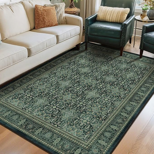 Washable Rugs 5x7, Dark Green Floral Moroccan Printed Area Rug for Living Room Bedroom, Low Pile Thin Carpet Rug with Rubber Backing Non Slip for Dining Room Kitchen Home Office Vintage Boho